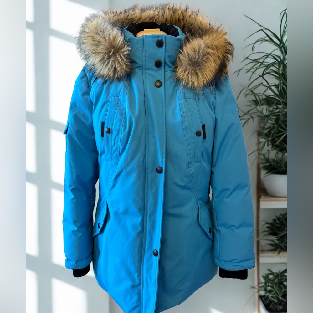 Women's Blue down filled Parka with Faux Fur Trim